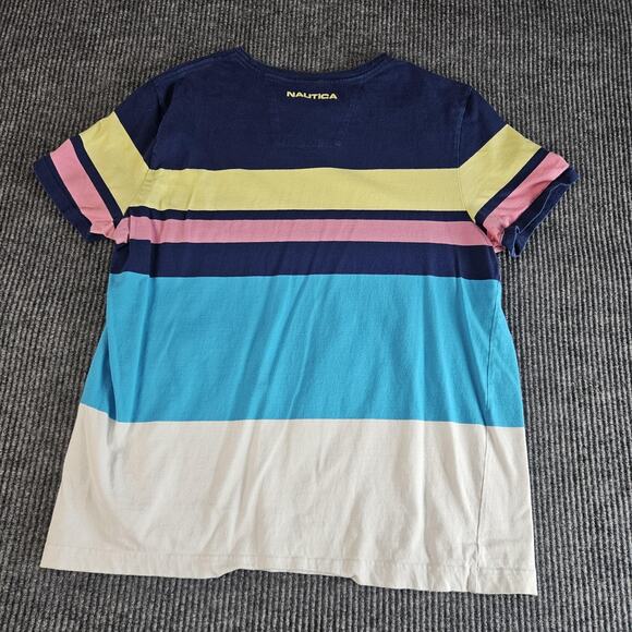 Nautica Shirt Mens Large Multi Color Striped Crewneck Sail Logo Short Sleeve - Picture 2 of 8